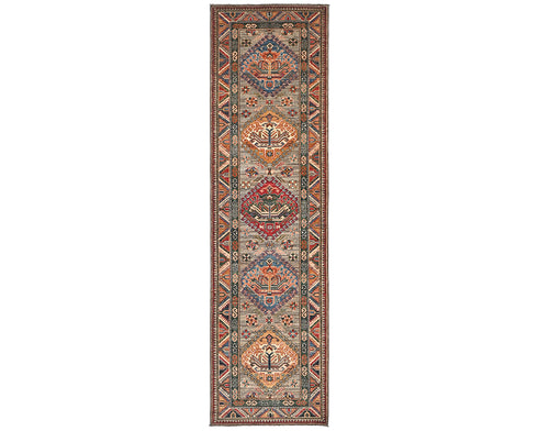 9 Feet Brown Kazak Afghan Hand Knotted Wool Runner Rug